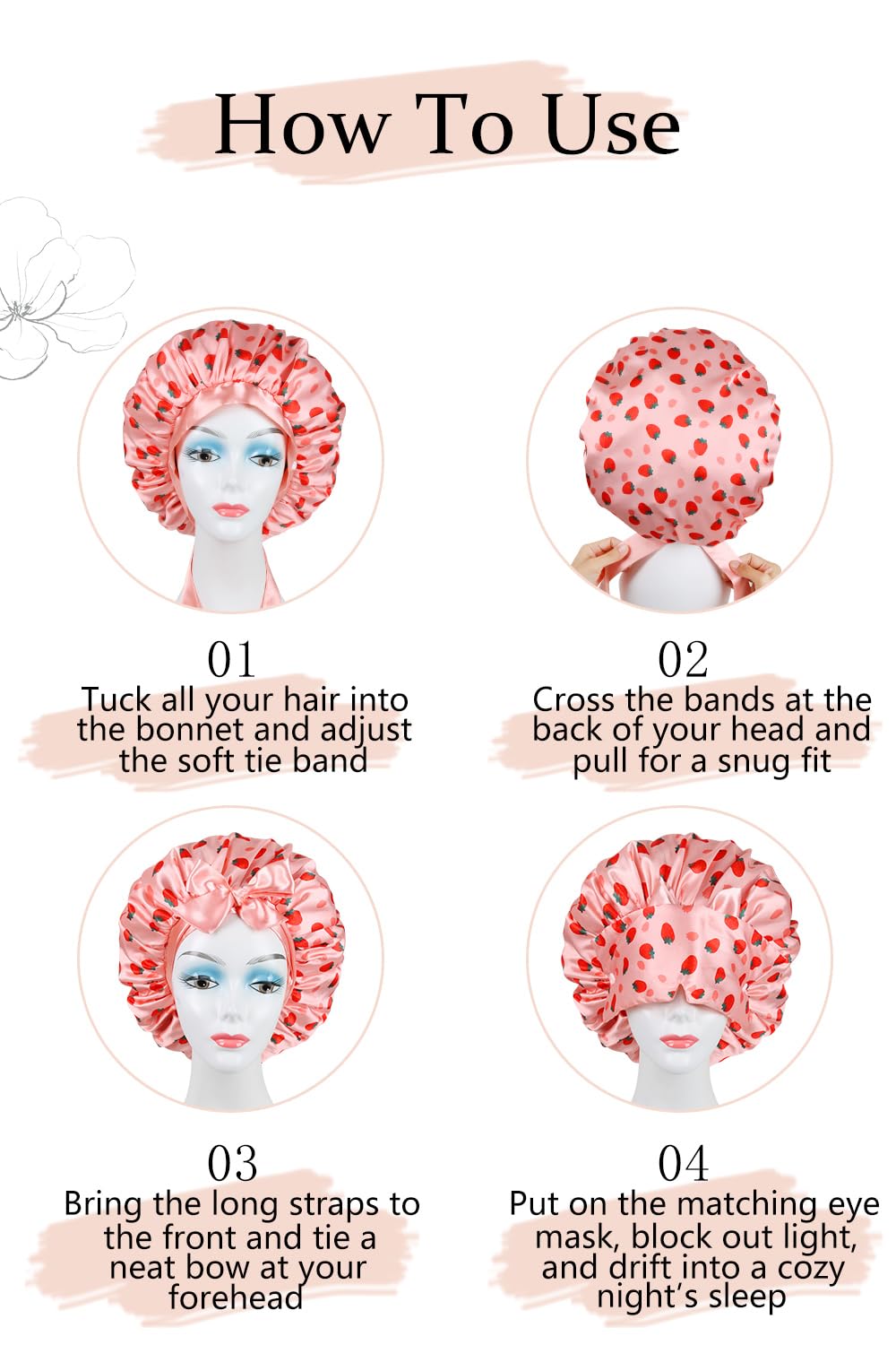 Vettres Double Layer Satin Bonnet for Sleeping with Detachable Eye Mask Adjustable Night Cap for Curly, Natural, Braided Hair Reduces Frizz & Locks in Moisture Yellow Strawberry