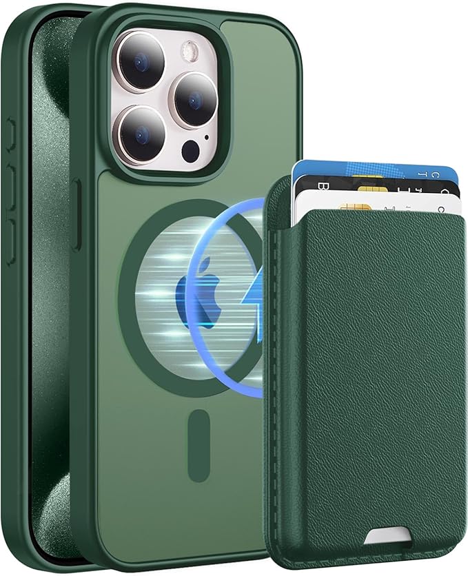 Ntwinro Magnetic for iPhone 15 Pro Case (Compatible with MagSafe) with Detachable Wallet & Card Holder for 3 Cards [RFID Blocking] Military Grade Protective Slim Phone Cover, Green