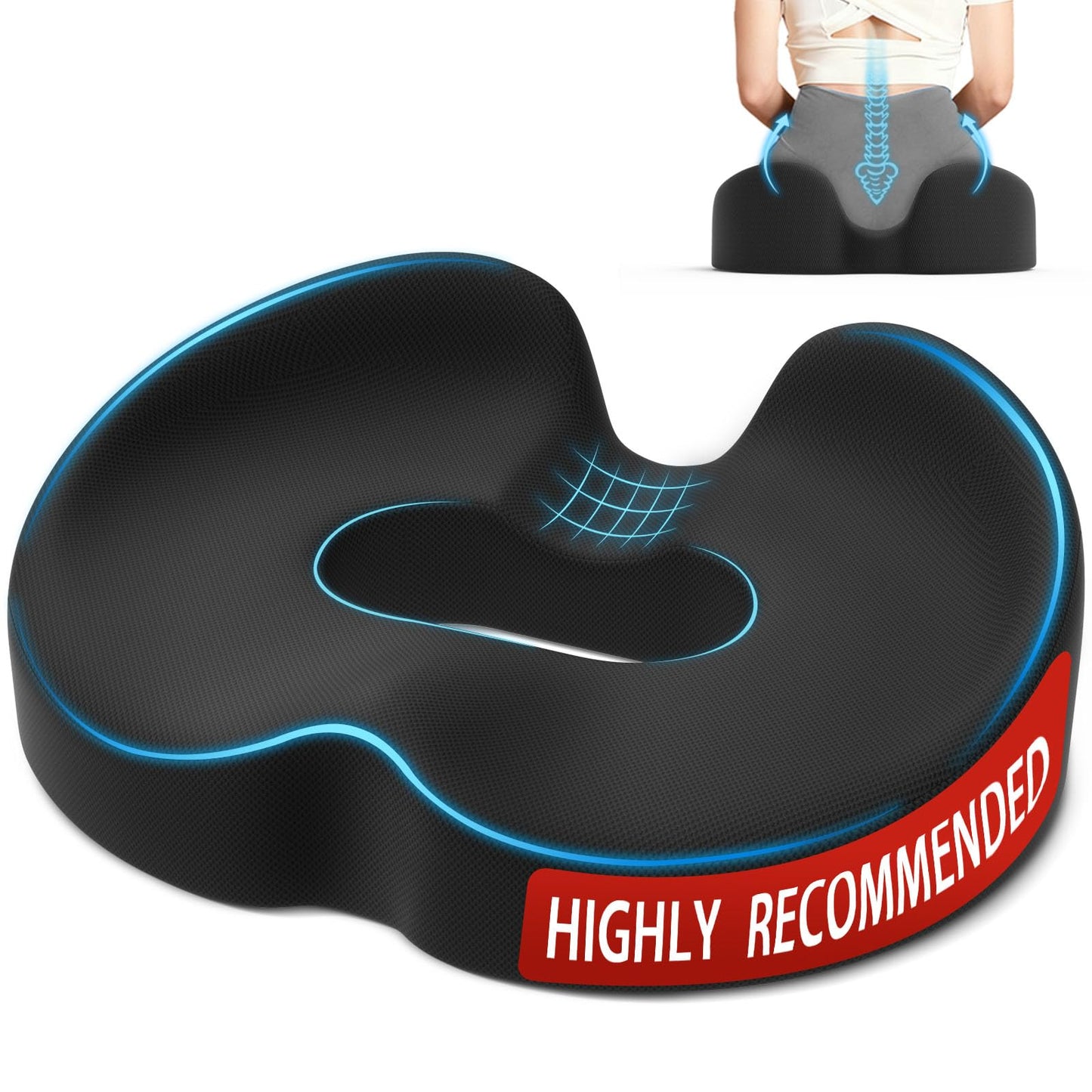 TushGuard Ergonomic Donut Pillow Seat Cushion with Raised Rear Support, Large Memory Foam Lifting Cushions for Tailbone, Hemorrhoids & Sciatica Relief, Office Chair, Car, Travel, Postpartum, Black