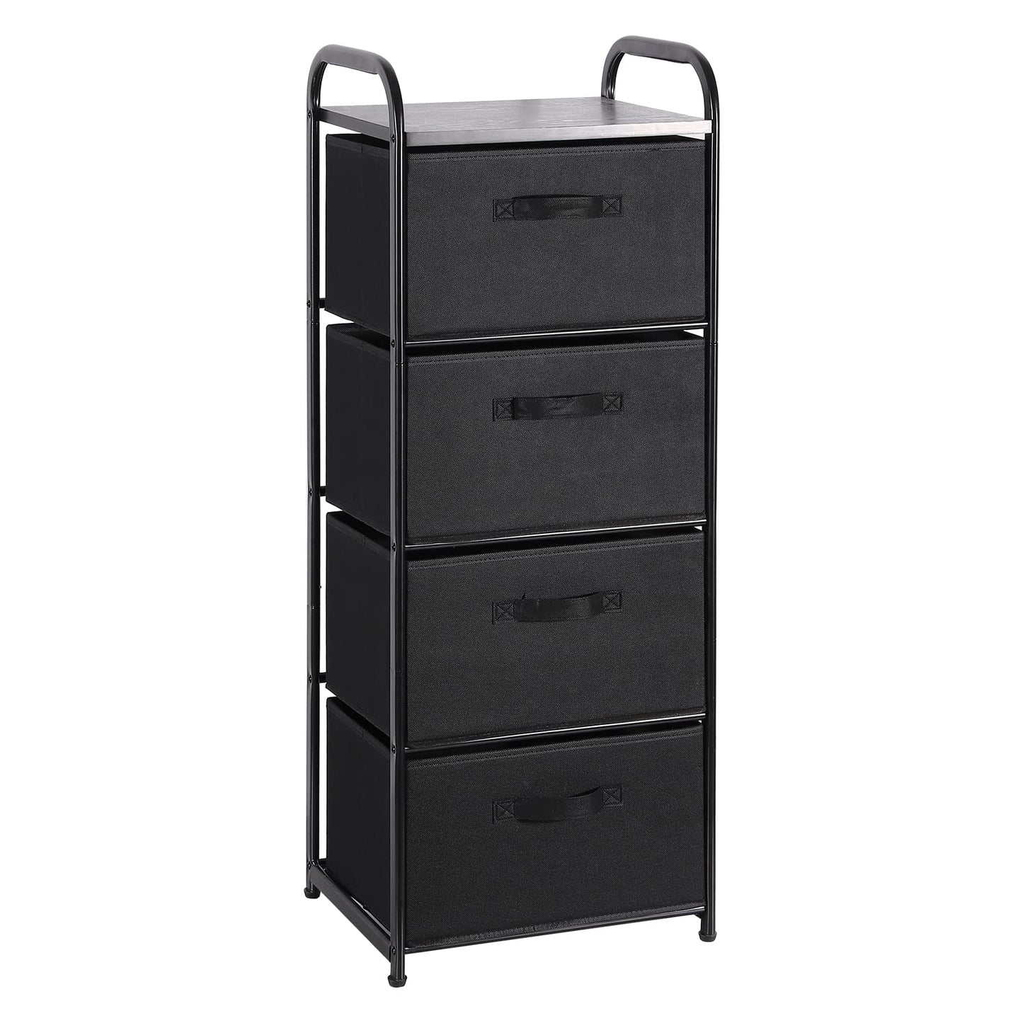 MAX Houser 4 Drawer Fabric Dresser Tall Storage Tower, Dresser Chest with Wood Top, Vertical Nightstand Side Organizer Unit with Metal Frame for Closets Bedroom Nursery Room Hallway(Black)