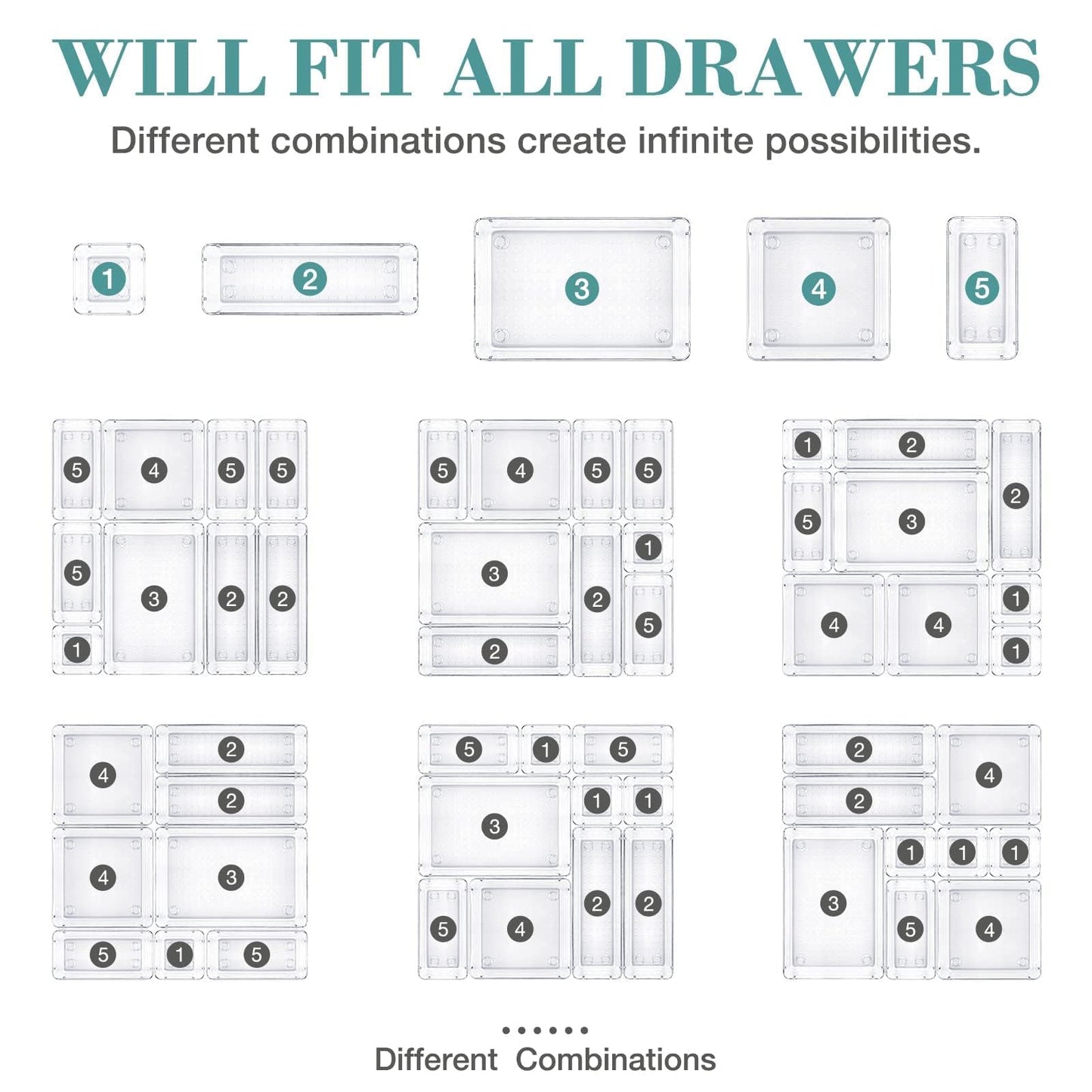 StorMiracle 16 PCS Drawer Organizer Set, 5 Varied Size Bathroom and kitchen Drawer cabinet organizer Trays, Clear Storage Bins for Makeup, Jewelry, Utensils and Gadgets