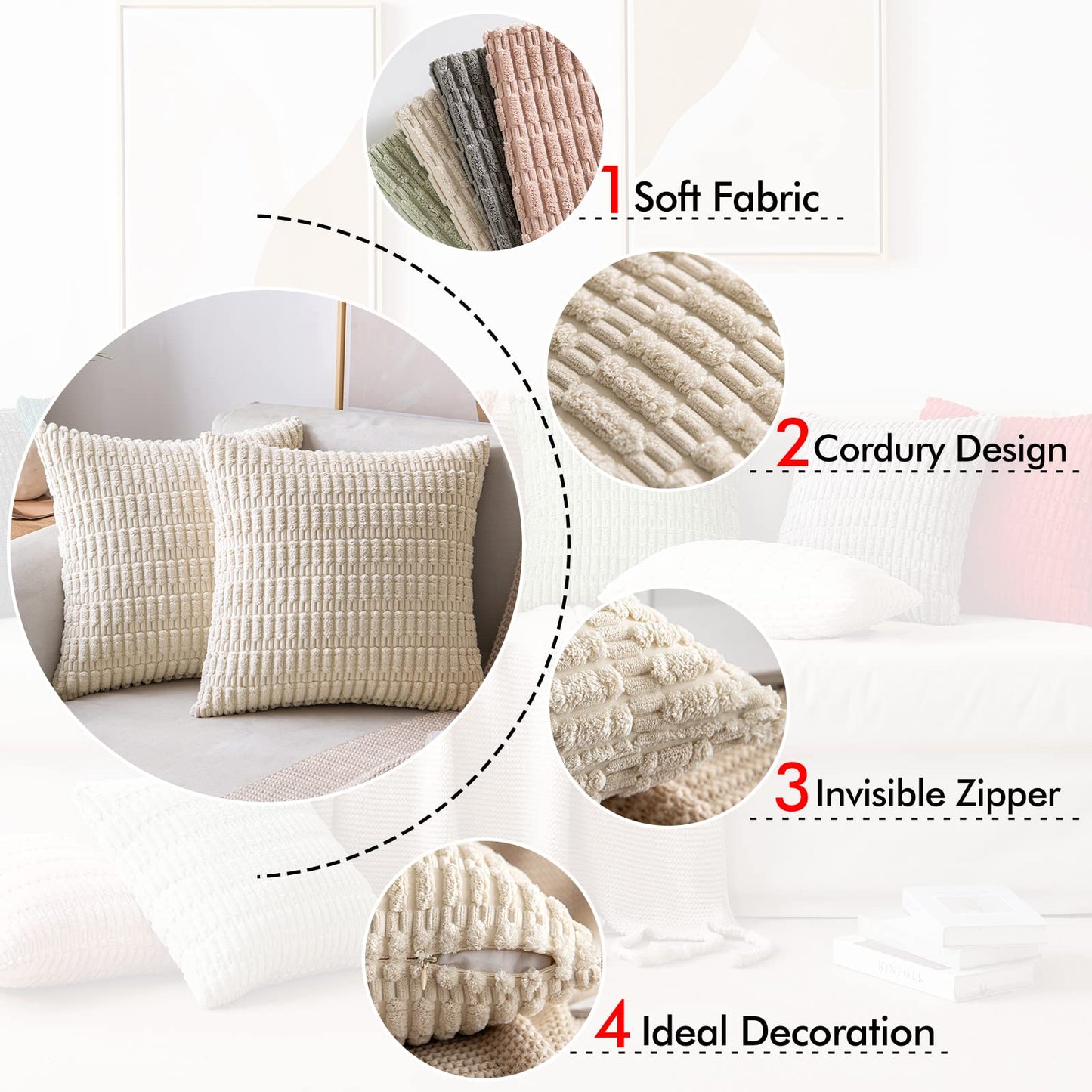 MIULEE Pack of 2 Corduroy Decorative Throw Pillow Covers 16x16 Inch Soft Boho Striped Pillow Covers Modern Farmhouse Home Decor for Sofa Couch Bed Cream White Bundle Fleece Blanket 50x60 inch