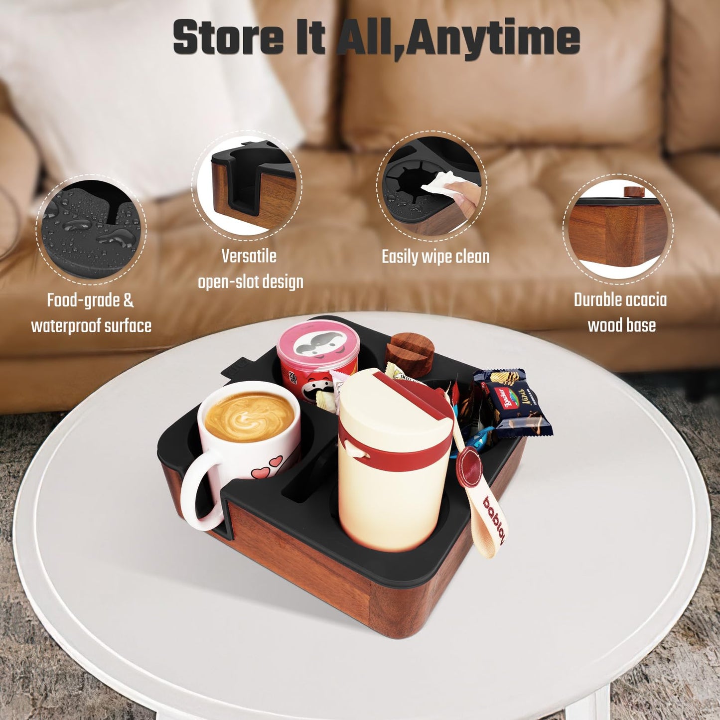 Couch Buddy Couch Cup Holder Tray, Real Acacia Wooden Caddy with Soft Silicone, Snack and Drink Organizer- Perfect Movie Night Accessories for Bed, Remote and Cup Holders for Sofa (Black)
