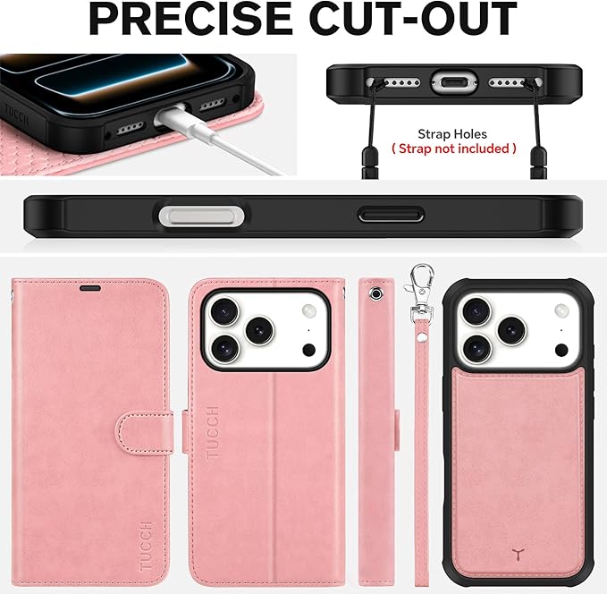 TUCCH 2-in-1 Detachable Wallet Case for iPhone 17 Pro (6.3-inch) 2025, RFID Blocking 4 Card Slots, Wireless Charging, Wrist Strap, Kickstand, Magnetic, PU Leather, Protective Flip Cover, Rose Gold
