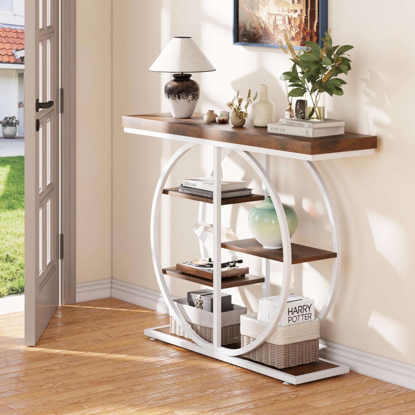 LIFECHOVY 41.3" Console Table for Entryway, Industrial Hallway Sofa Table with Storage Shelves, Narrow Accent Decor Living Room Furniture with Circle Base for Foyer, Entrance, Brown White
