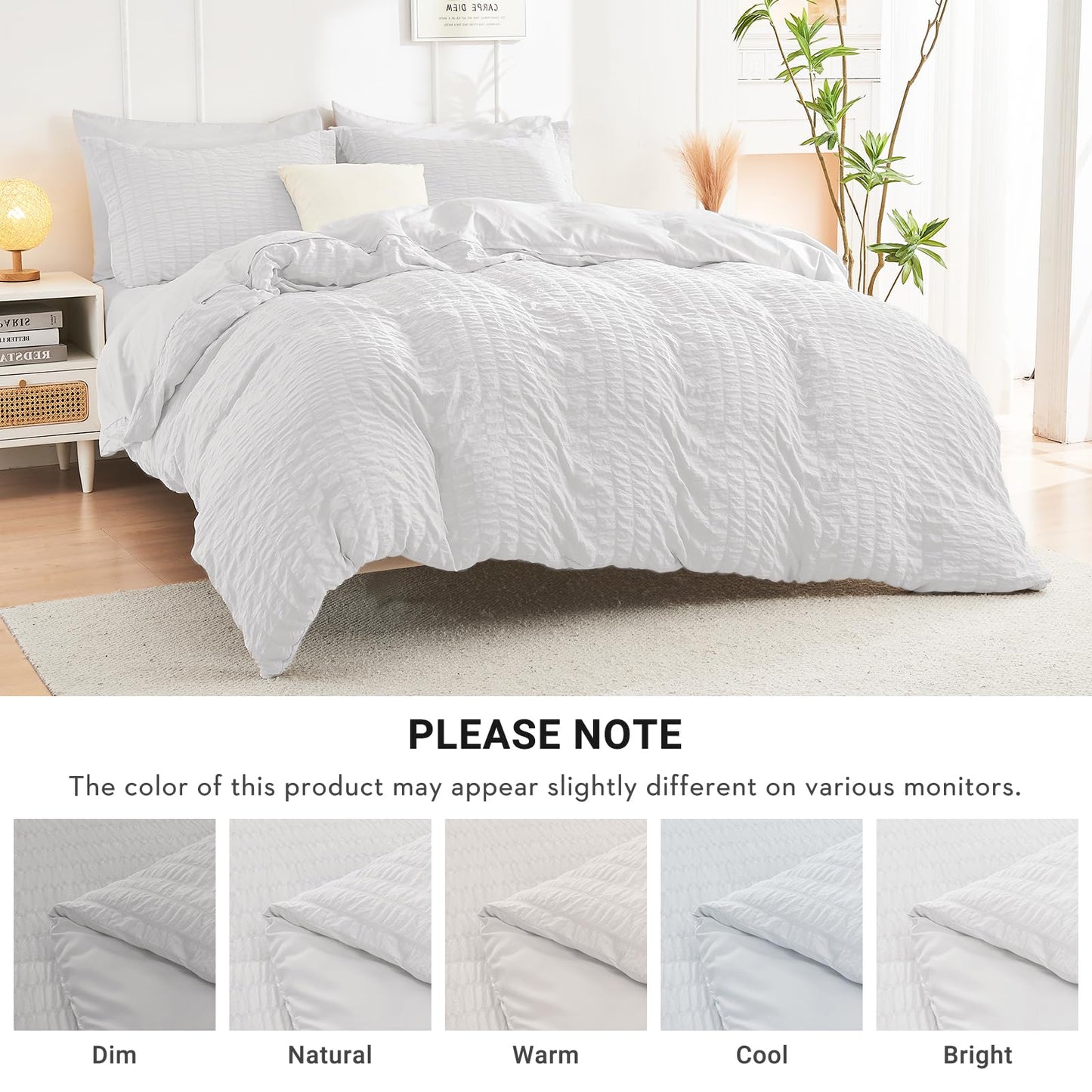 HYMOKEGE White Queen Comforter Set Seersucker 7 Pieces, All Season Luxury Bed in a Bag for Bedroom, Bedding Set with Comforters, Sheets, Pillowcases & Shams