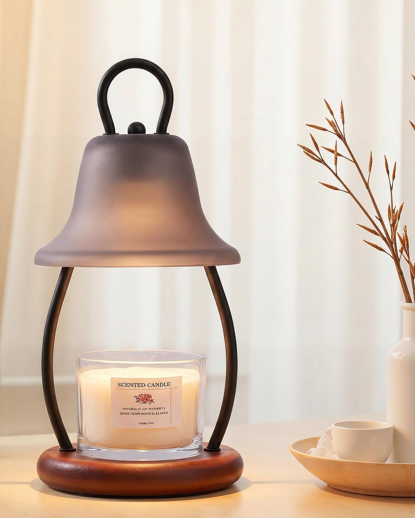 HONGZZI Candle Warmer Lamp with Timer - Adjustable Brightness & Glass Shade - Wooden Base with 2 Bulbs Included (Black)