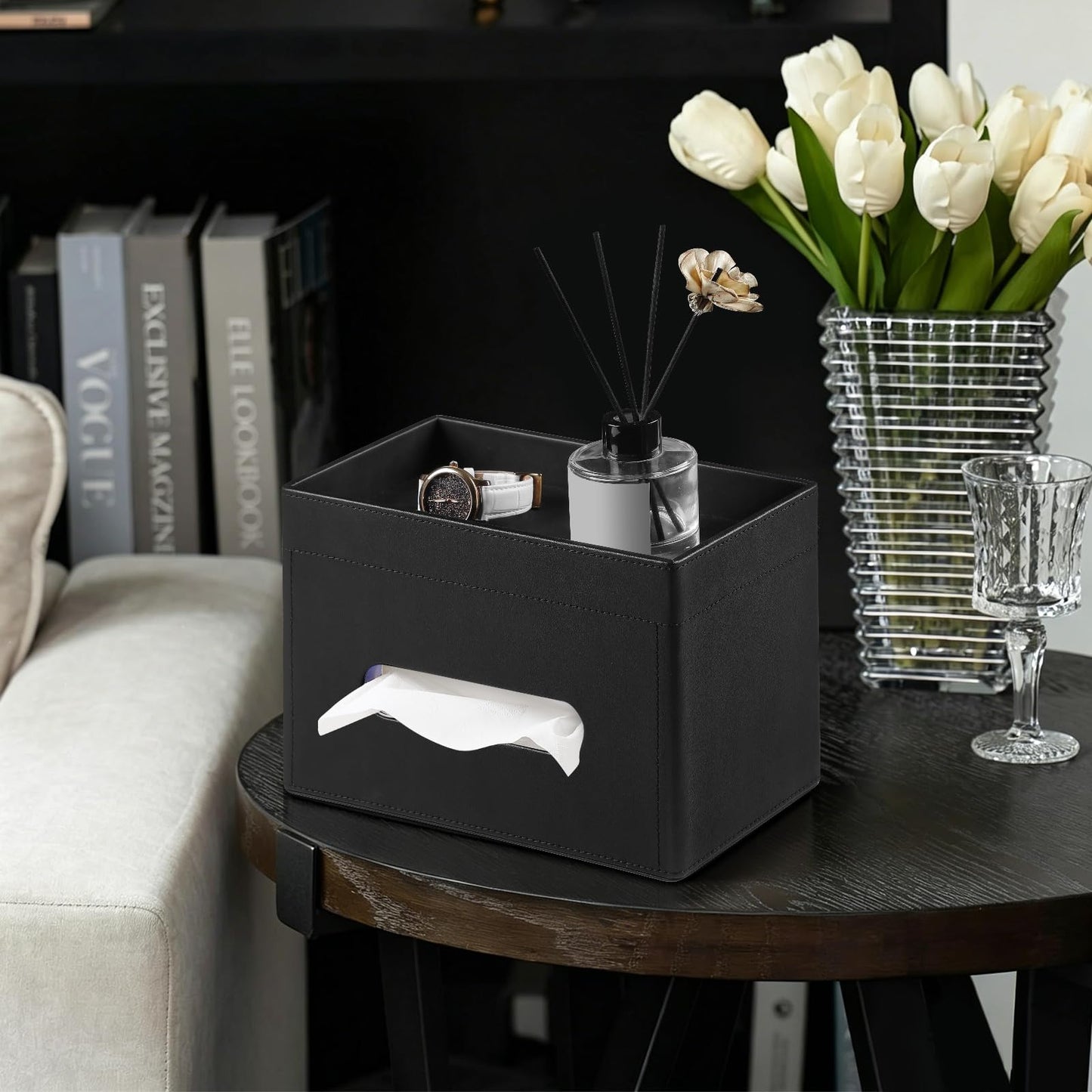 MEIBOOCH Plus Size Tissue Box Cover Rectangle, PU Leather Tissue Box Holder with Storage Tray, Decorative Organizer Tissue Holder for Bathroom, Bedroom Dresser, Night Stand, Office (Black)