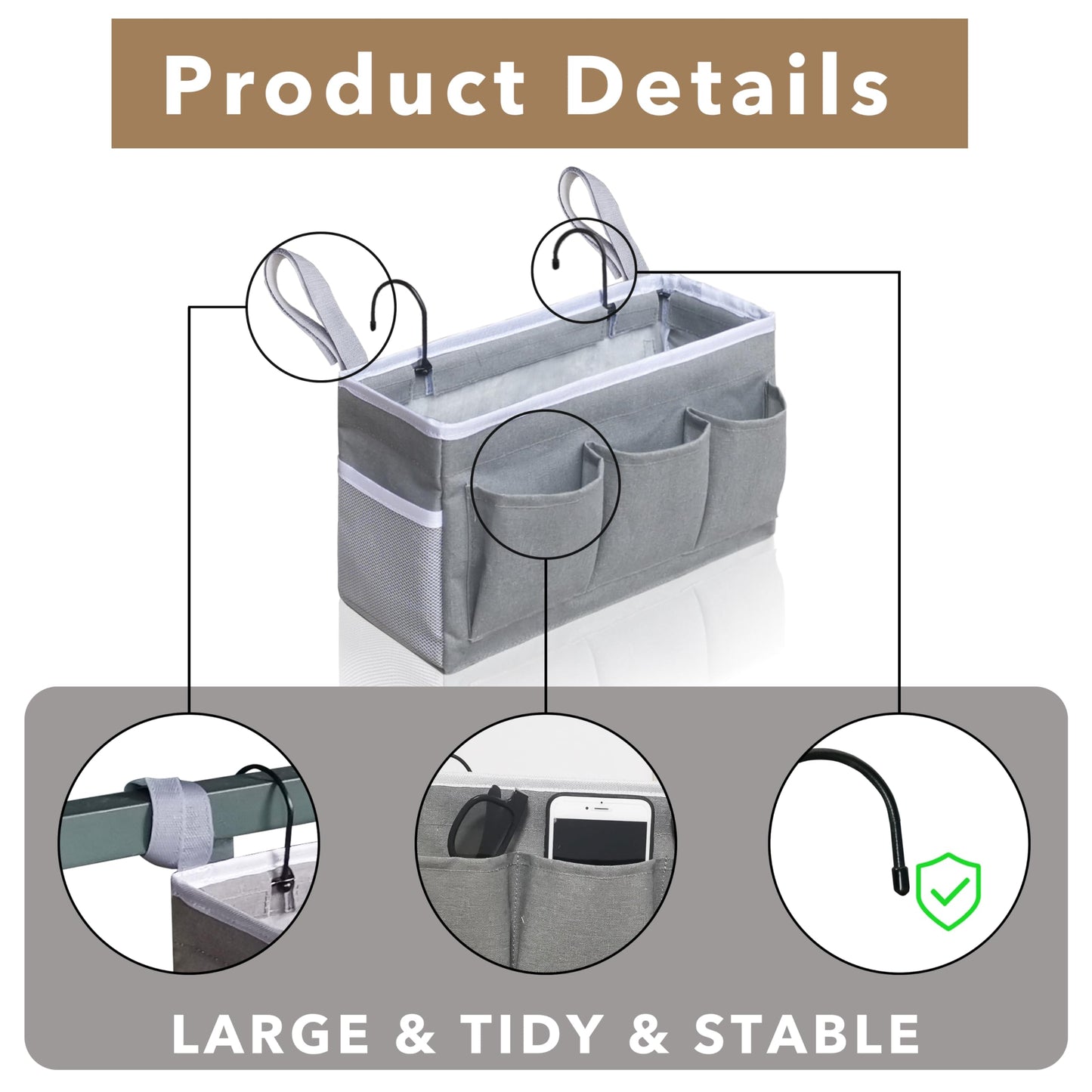 Kanrichu Bedside Caddy Hanging Storage Bag, Organizer Baskets with Pockets for Bunk Bed Accessories, Loft & Dorm Rooms Chair Bed Rails (Gray)