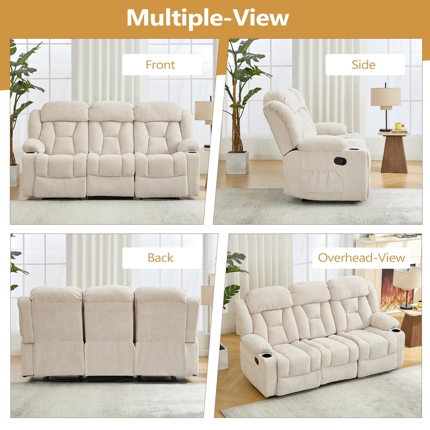 ANJ Manual Recliner Sofa,Chenille Fabric Reclining 3-Seat Living Room Furniture Sets with Cup Holders,Side Pocket,Wall-Hugger Design for Living Room Home Theater Bedroom RV,Beige