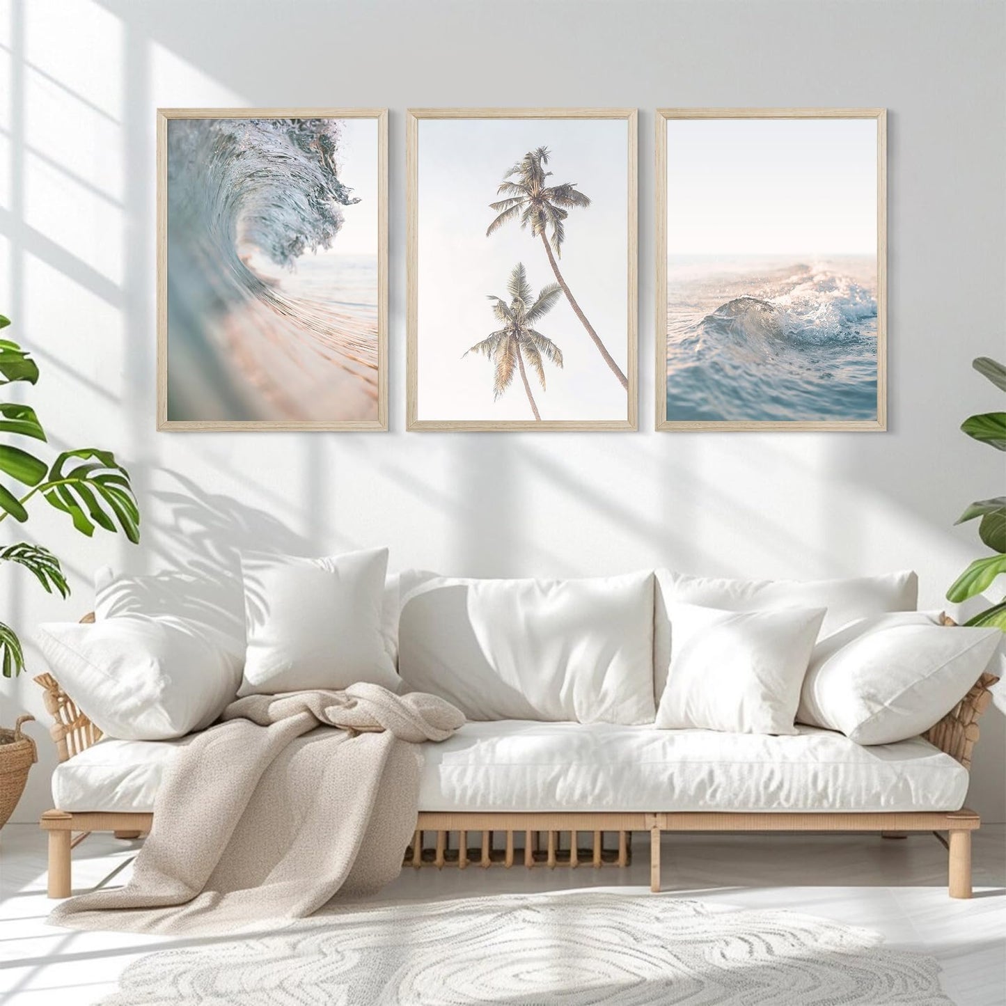 Lhoiplme Beach Wall Art Decor Coastal Ocean Poster Palm Tree Canvas Wall Decor Beachy Room Aesthetic Pictures Blue Waves Prints Beach Coasta Artwork for Bedroom Living Room 12x16 Inch Framed Set of 3
