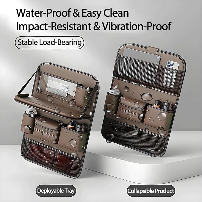 FASTAGEI 2 Pack Universal Foldable Car Backseat Organizer with Table Tray, Car Seat Back Protector with Touch Screen Phone Holder, Premium Leather Kick Mats with Storage Pockets Tissue Holder (Brown)