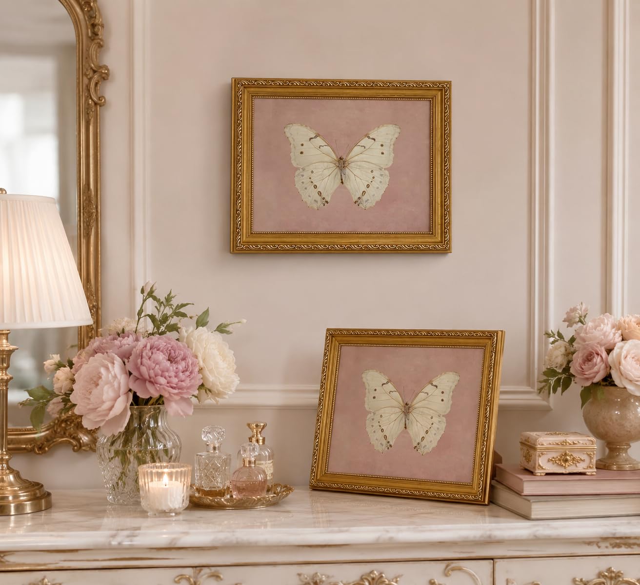 FKRYTYB Elegant Gold Framed Pink Moody Butterfly Wall Art 9x11in