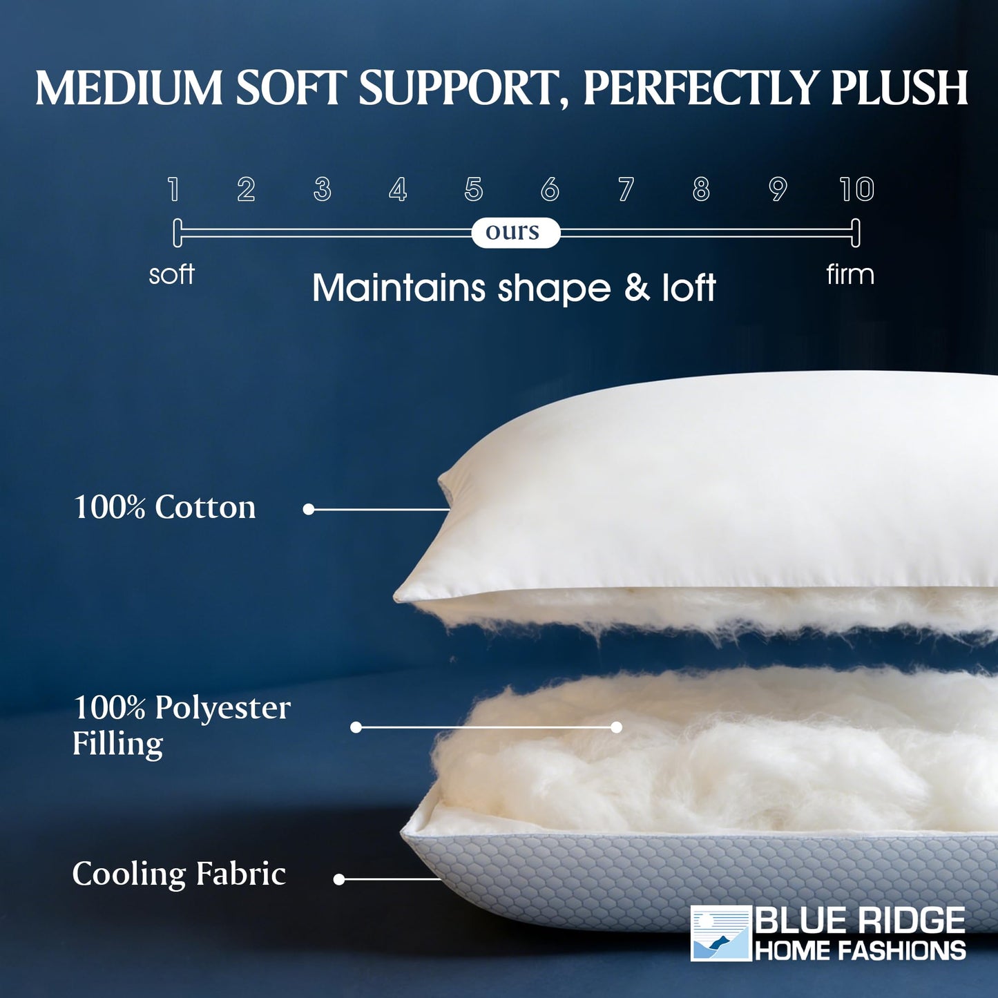 Blue Ridge Home Fashions Cooling Pillows King Size Set of 2, Dual-Sided Cooling & Breathable Cotton Design, Down Alternative Pillows for Hot Sleepers, Soft Pillow for Side, Back & Stomach Sleeping