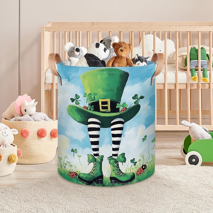 St. Patricks Day Hat Shoes Laundry Basket Foldable Laundry Baskets With Leather Handles for Bedroom Bathroom Toys Decorative Basket