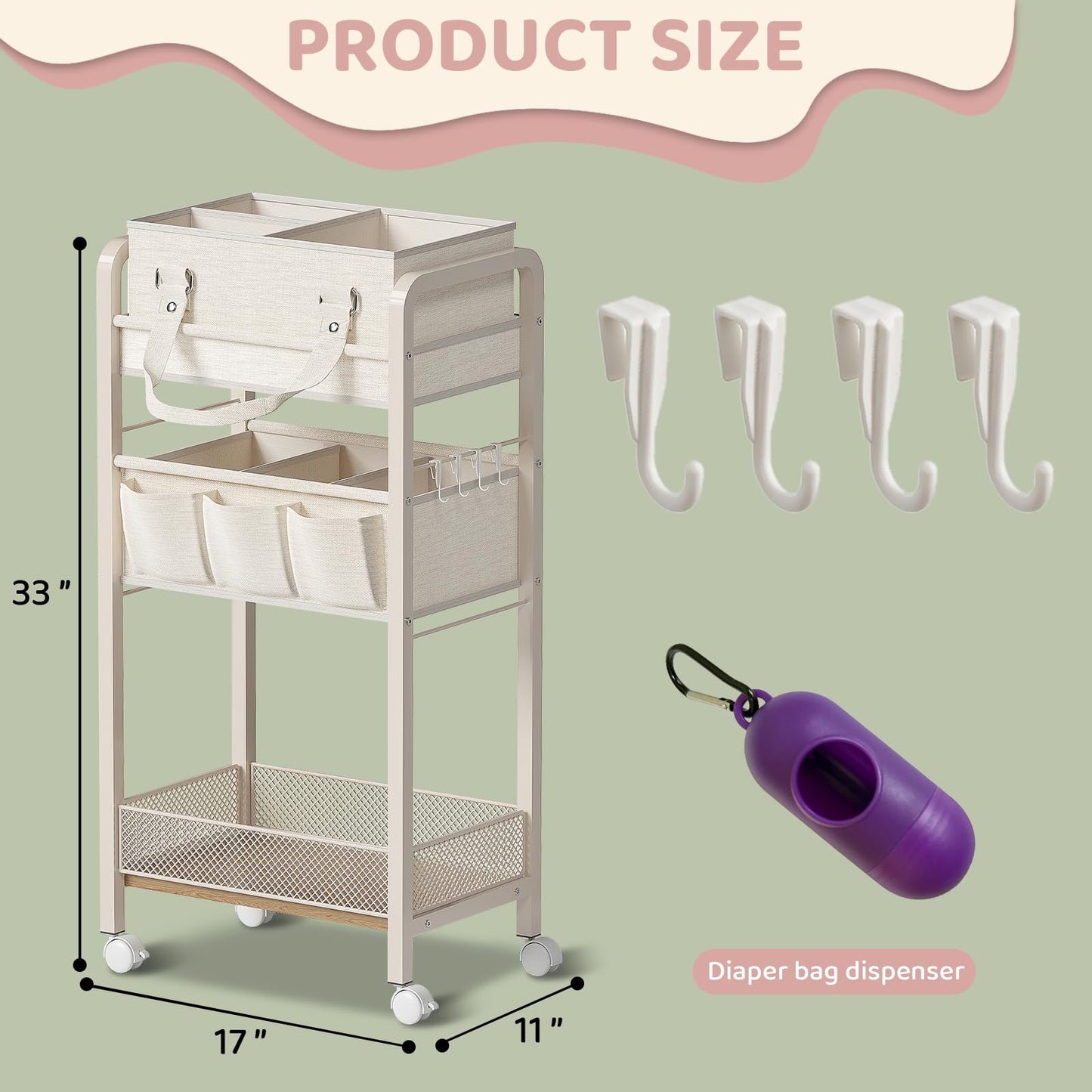 JRANBRJS Baby Diaper Caddy Organizer and Storage,2In1 Baby Cart Organizer-Baby Diaper Caddy+3 Tier Rolling Cart for Baby Nursery,Baby Bedside Cart,Easy Assembly,Beige