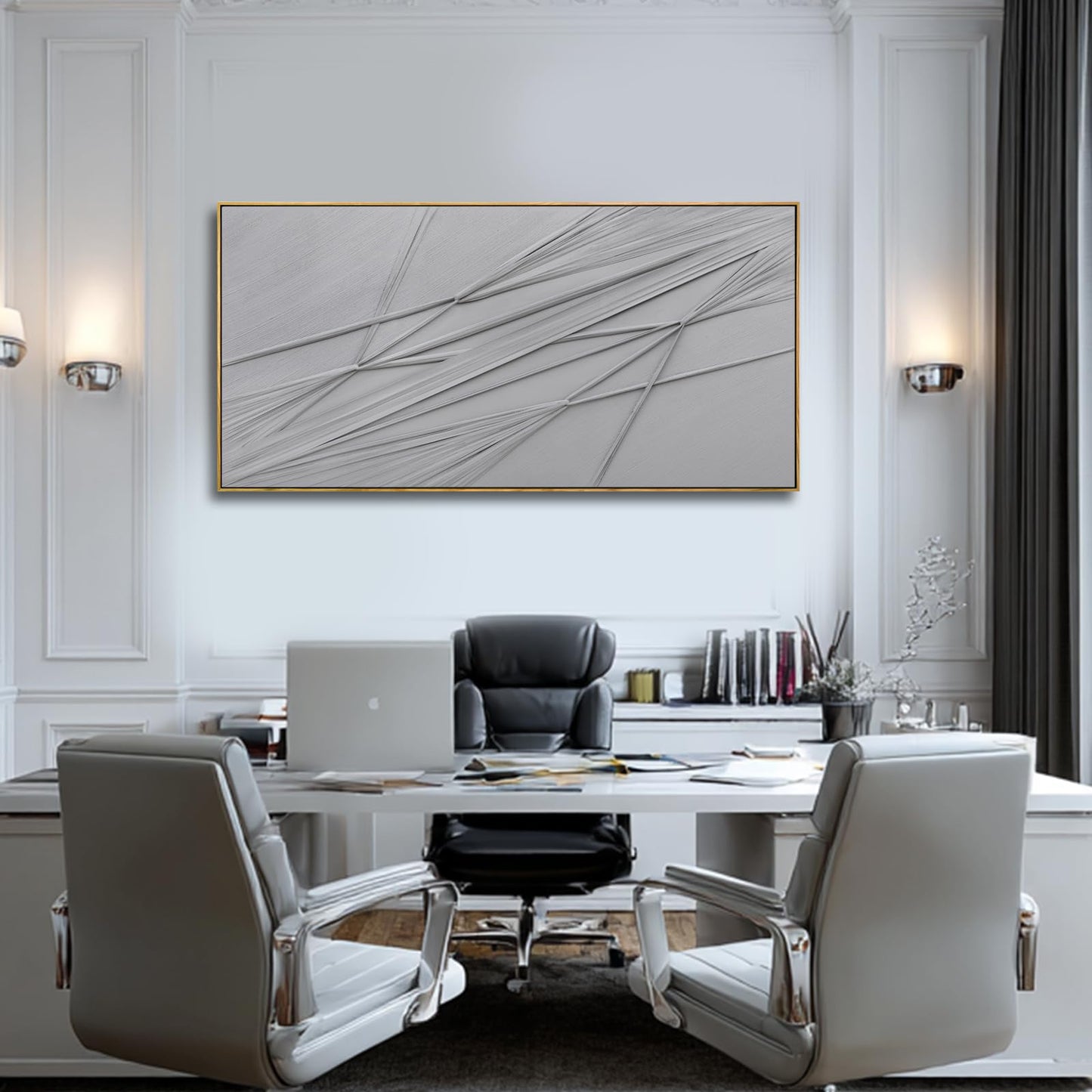 Framed Wall Art 24x48 Inch, Hand Painted Textured Canvas Painting with Wood Frame, Grey Abstract Minimalist Line Decor for Dining Room Living Room Bedroom Office