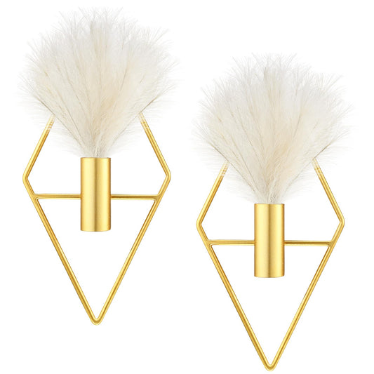 Peryiter 2 Pcs Boho Wall Decor Metal Gold Wall Art Hanging Planters with Artificial Pampas Modern Home Decor Display Art for Living Room Bedroom Bathroom(Rhombus)