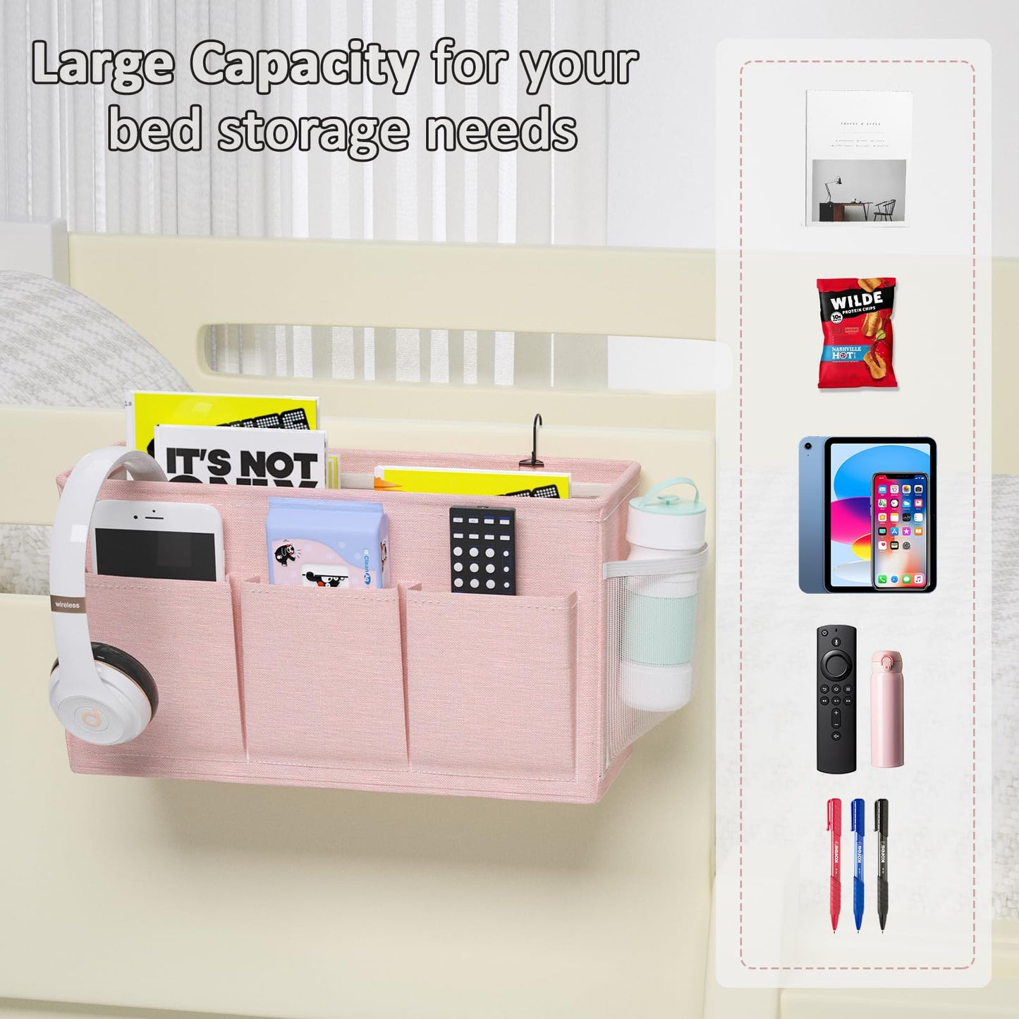 Edudif Dual-purpose Bedside Caddy Bedside Organizer, Bed Caddy with 6 Pockets, Versatile Bedside Storage Solution Magazine Remotes holder, ideal for Home, Dorm, Hospital, Crib Bed