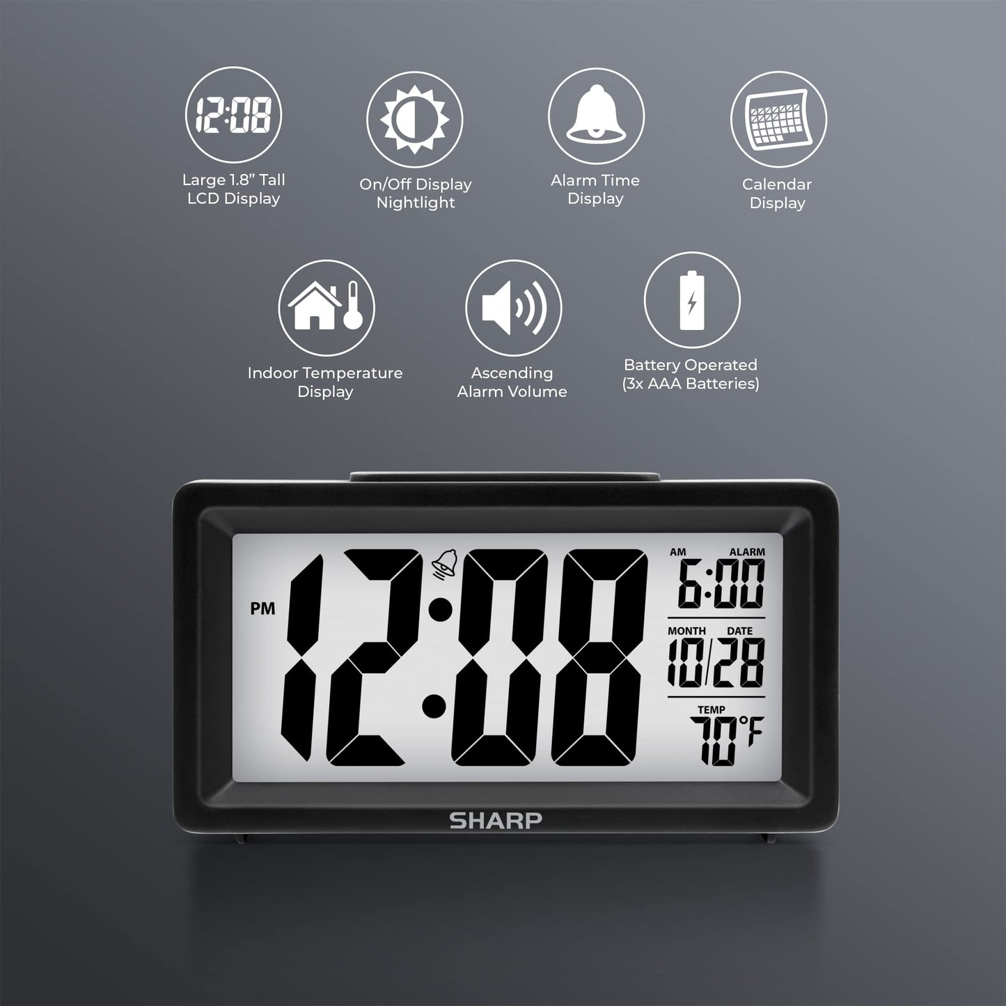 SHARP Alarm Clock with Indoor Temperature, Nightlight, Calendar, Battery Operated Digital Small Clock for Bedrooms or Travel, Black (SPC5025AMZ)