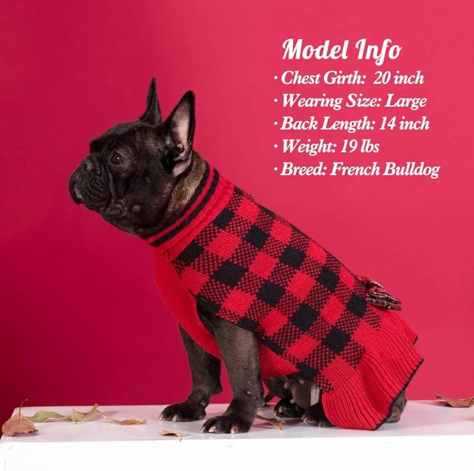 KYEESE Dog Christmas Sweater Dress with Bowtie Checkered, Turtleneck Dog Sweater for Small Dogs Girl with Leash Hole, Holiday Warm Pet Sweaters Dress, Red, Small