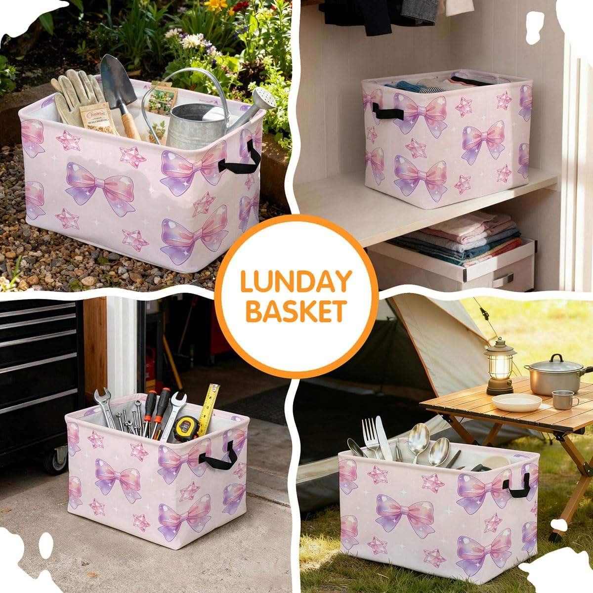 56L Beautiful Bow Foldable Square Laundry Hamper with Handles – Large Clothes, Blanket & Toy Storage Basket for Home Organization.