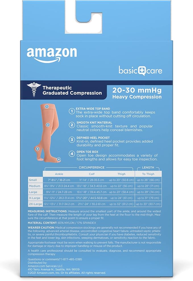 Amazon Basic Care Medical Compression Stockings, 20-30 mmHg Support, Women & Men Thigh Length Hose, Open Toe, Beige, 2X-Large (Previously NuVein)
