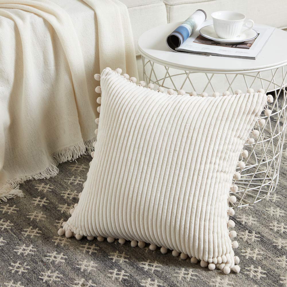 Fancy Homi Pack of 2 Corduroy Soft Decorative Throw Pillow Covers with Pom-poms, Solid Square Cushion Case Pillow Cases Set for Couch Sofa Bedroom Car Living Room (24x24 Inch/60x60 cm, Cream)