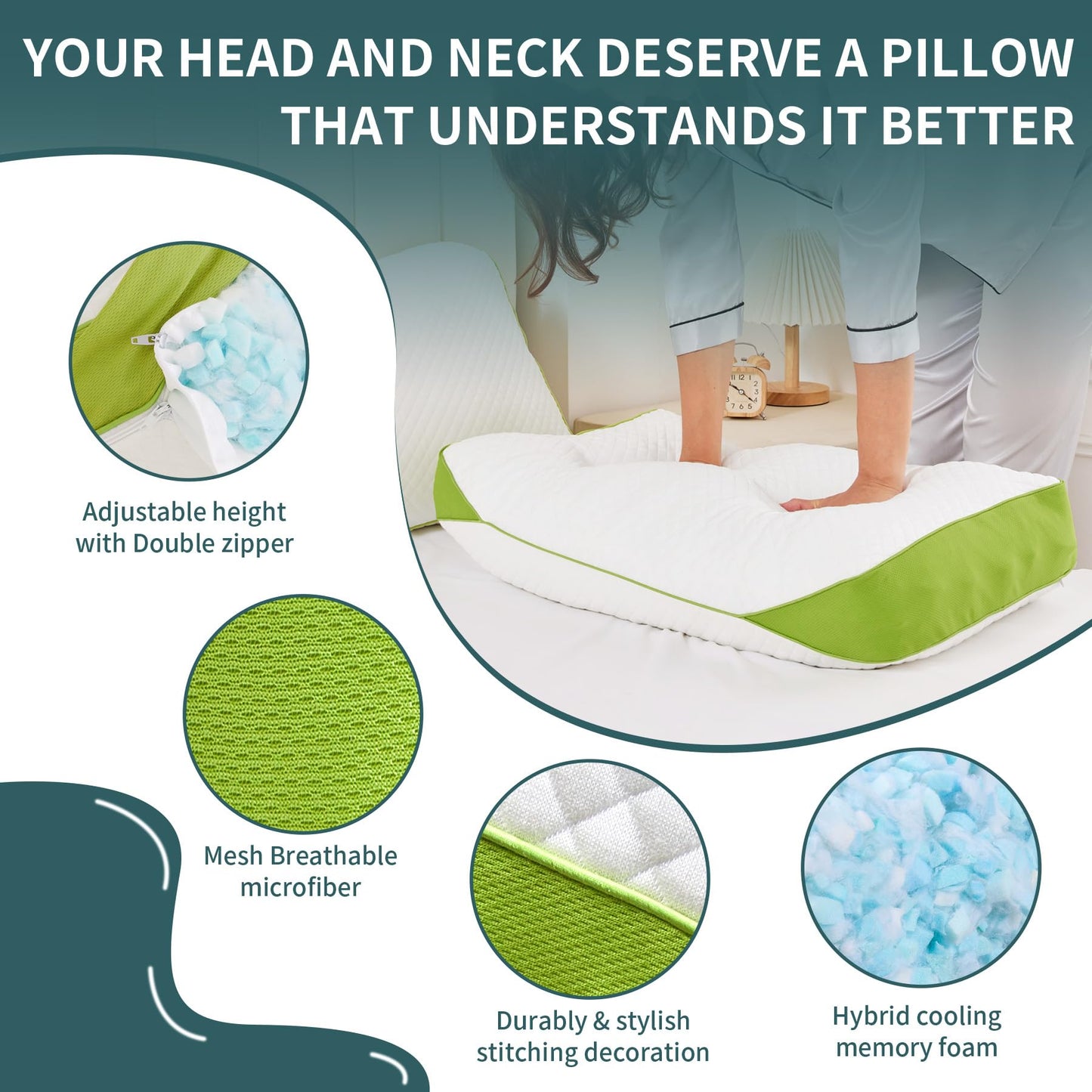 HKYLRAN Luxury Hotel Cooling Pillow for Sleeping,Medium Firm Shredded Memory Foam Pillows Queen Size Set of 2,with Zipper Adjustable Supportive