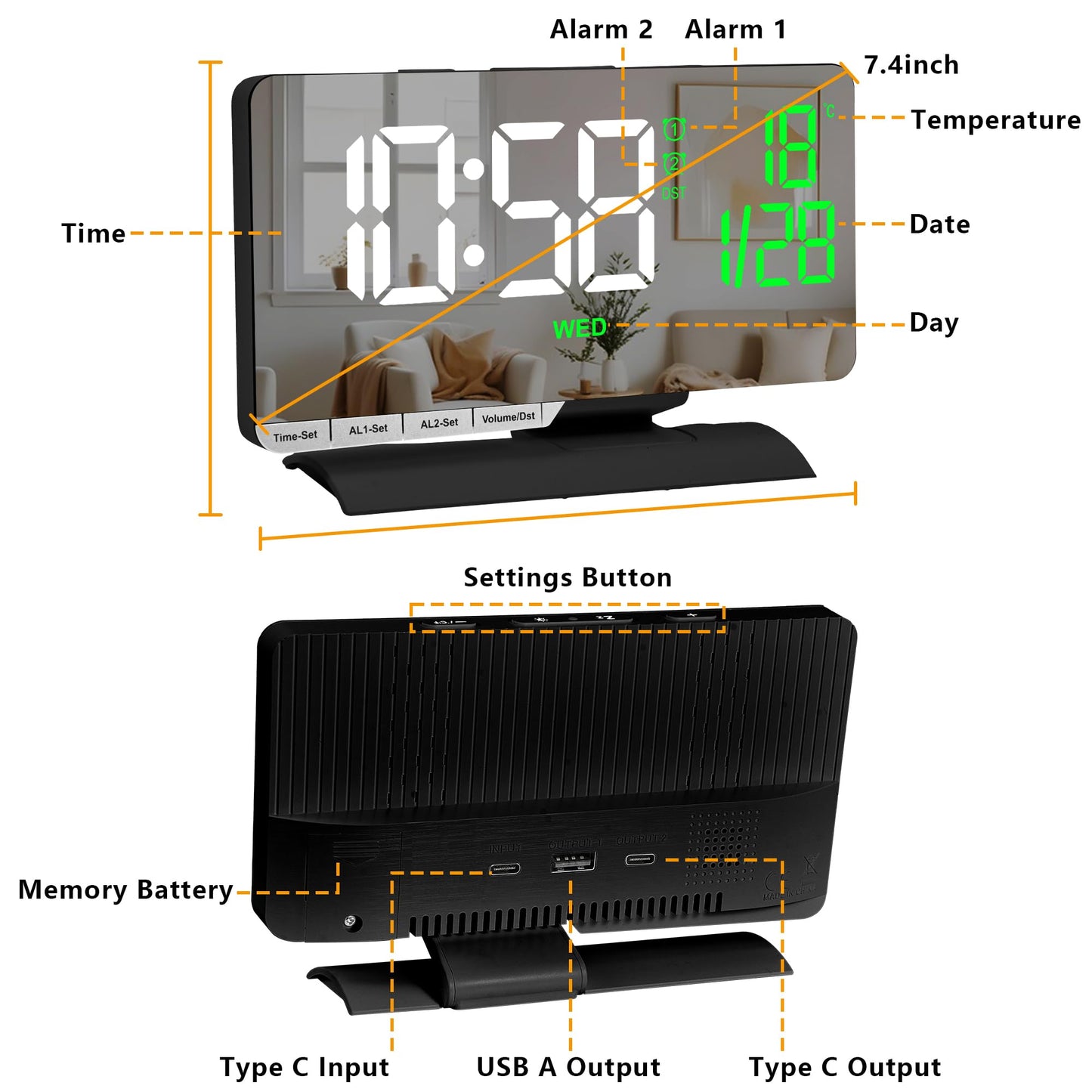 SZELAM Digital Clock,Alarm Clock Bedside,7.3'' Large LED Mirror with Date Display,Temperature,Dual Alarm with 3 Mode,Brightnee Adjust,DST,USB C Charging Port,5 Levels Volume for Desk Bedroom Teens