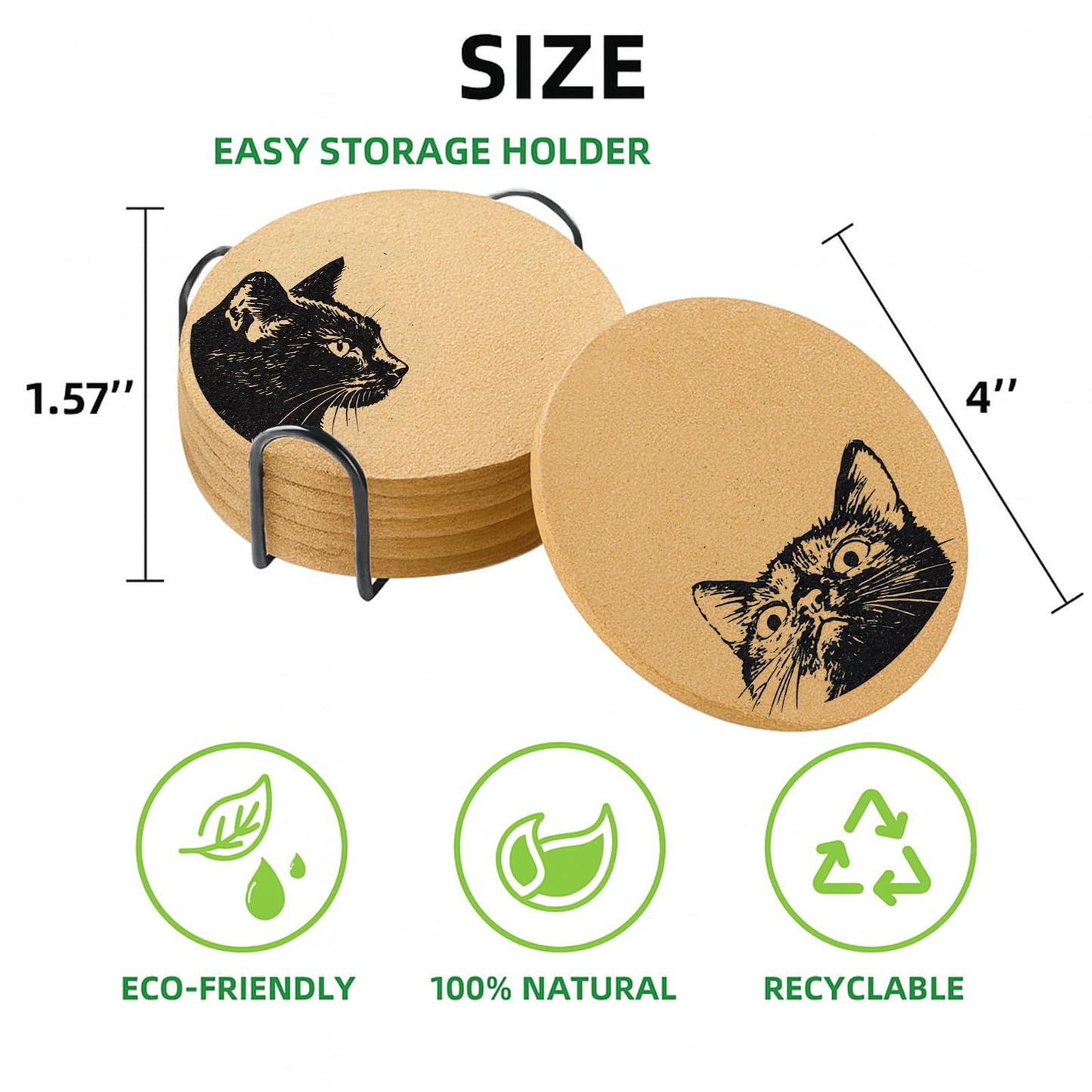 Cegkuc Coasters for Drinks with Holder Set of 6, Curious Cat Cork Coaster Absorbent for Office Desk Cat Table Coasters Kitchen Decor House Warming Gifts for New Home Couples, Round 4"
