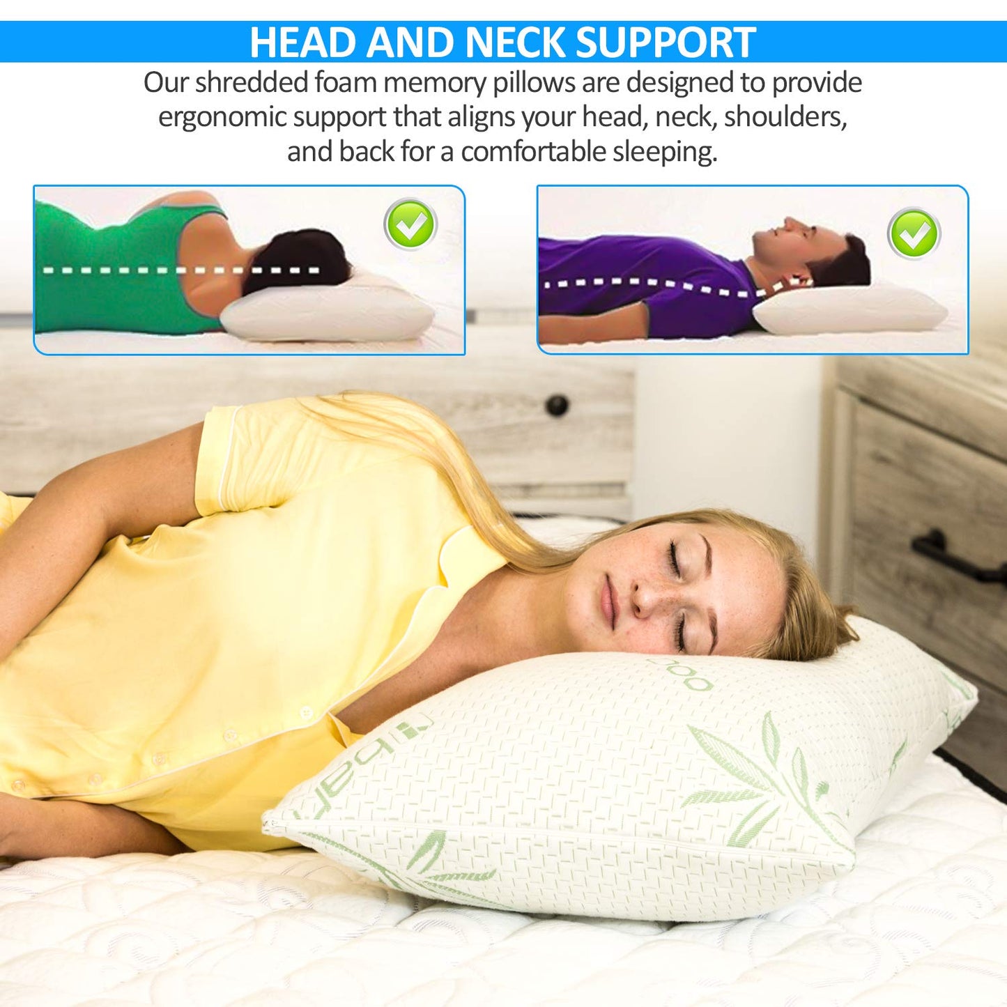 Elif Queen Size Pillows for Sleeping, Set of 2 – Cooling Shredded Memory Foam Pillows with Removable Cover for Back, Stomach & Side Sleepers, Rayon Derived from Bamboo, Queen (2 Pack)