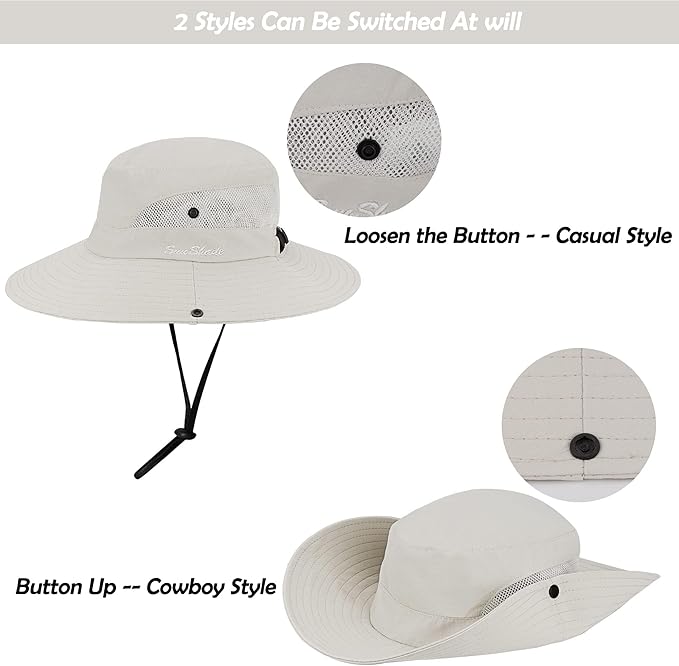 Women's Outdoor UV-Protection-Foldable Sun-Hats Mesh Wide-Brim Beach Fishing Hat with Ponytail-Hole