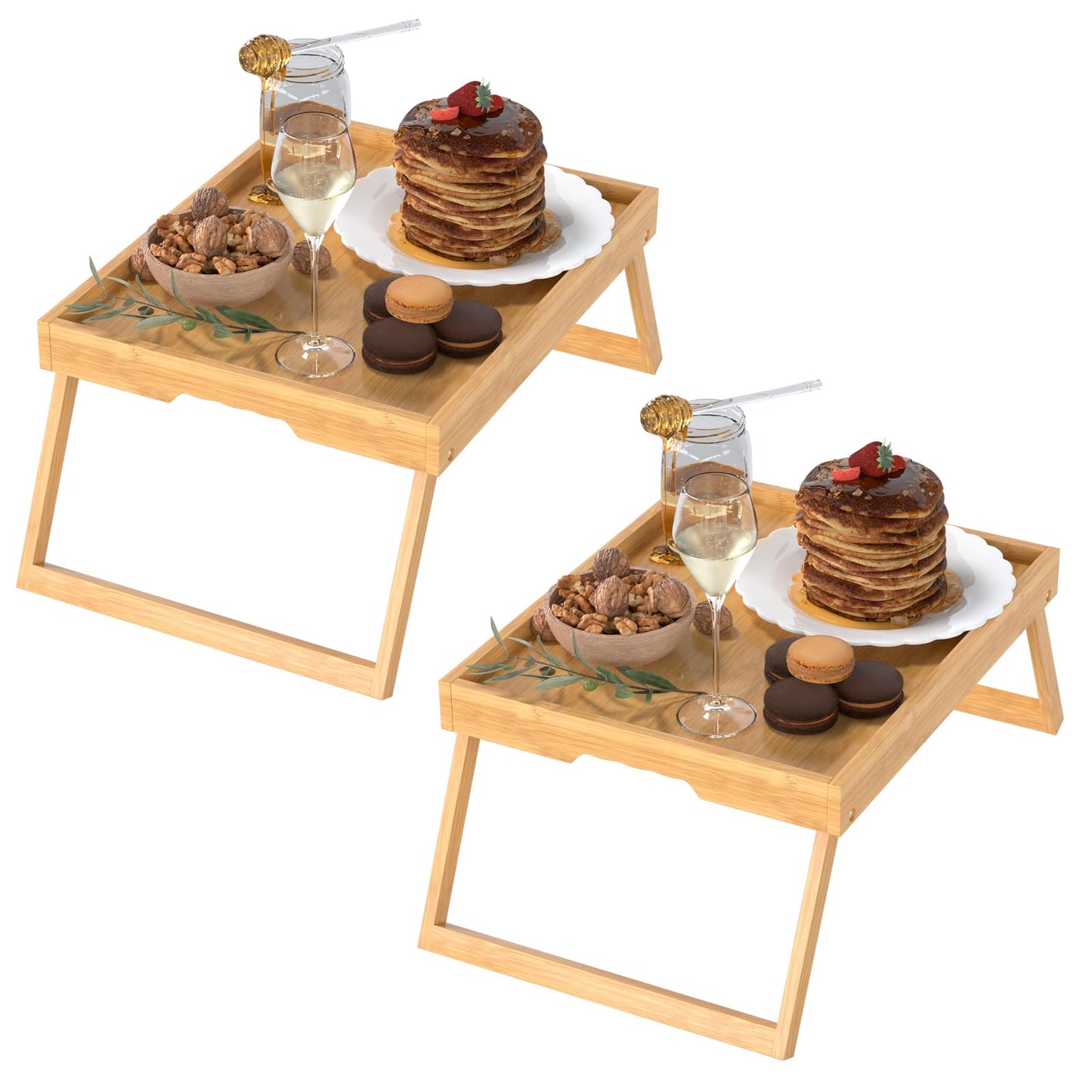 2 Pack Bed Tray Table with Foldable Legs, Bamboo Breakfast Tray for Sofa, Beds, Eating, Working, TV Table, Food, Dinner, Computer Trays, Laptop Desk Snack Folding Trays in Bed