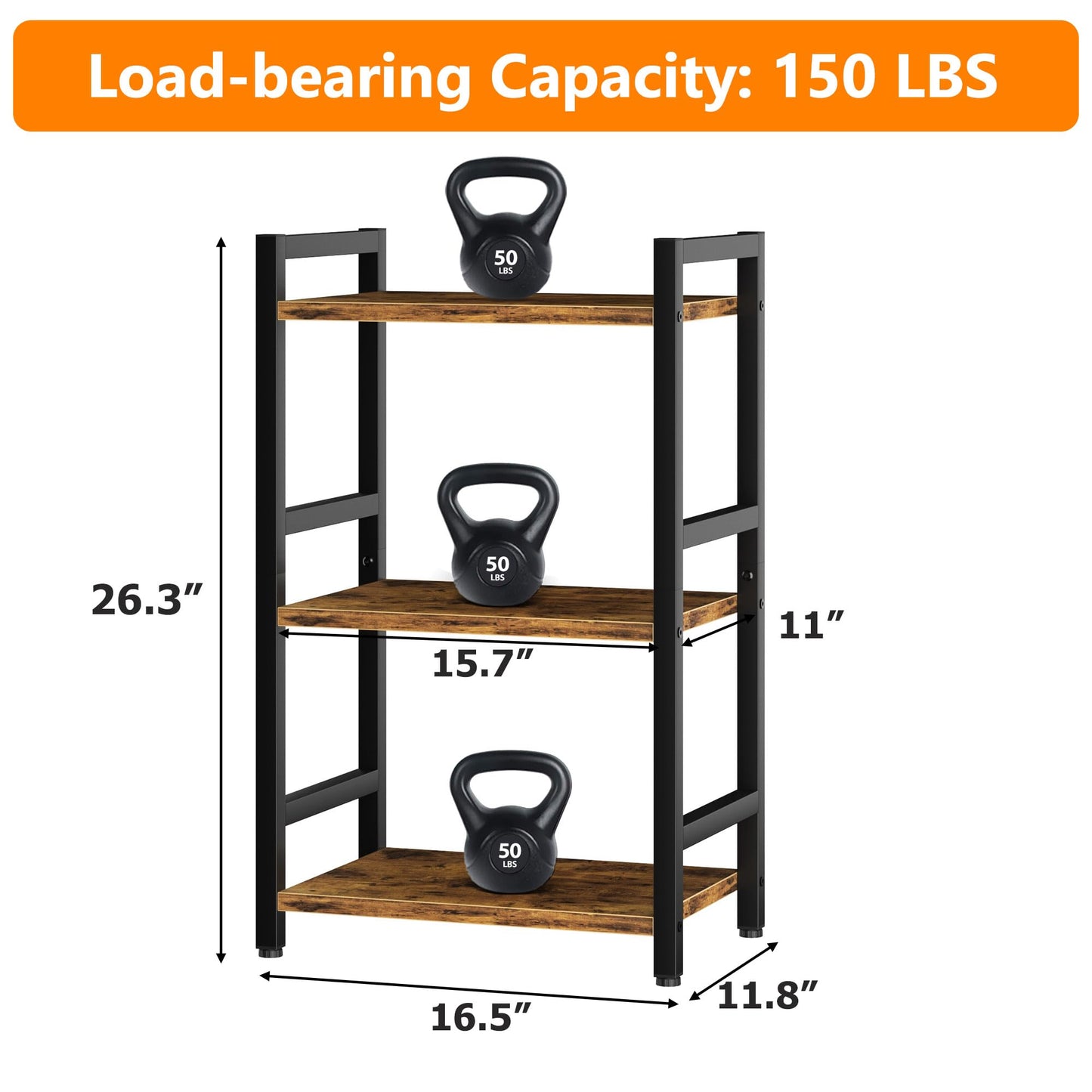 RAGIFEN Book Shelf, 3 Tier Bookcase with Steel Frame, Stable Bookshelf Narrow Book Shelves Storage Organizer for Book CD Movie, Open Book Shelves for Living Room, Home Office, Study, Rustic Brown