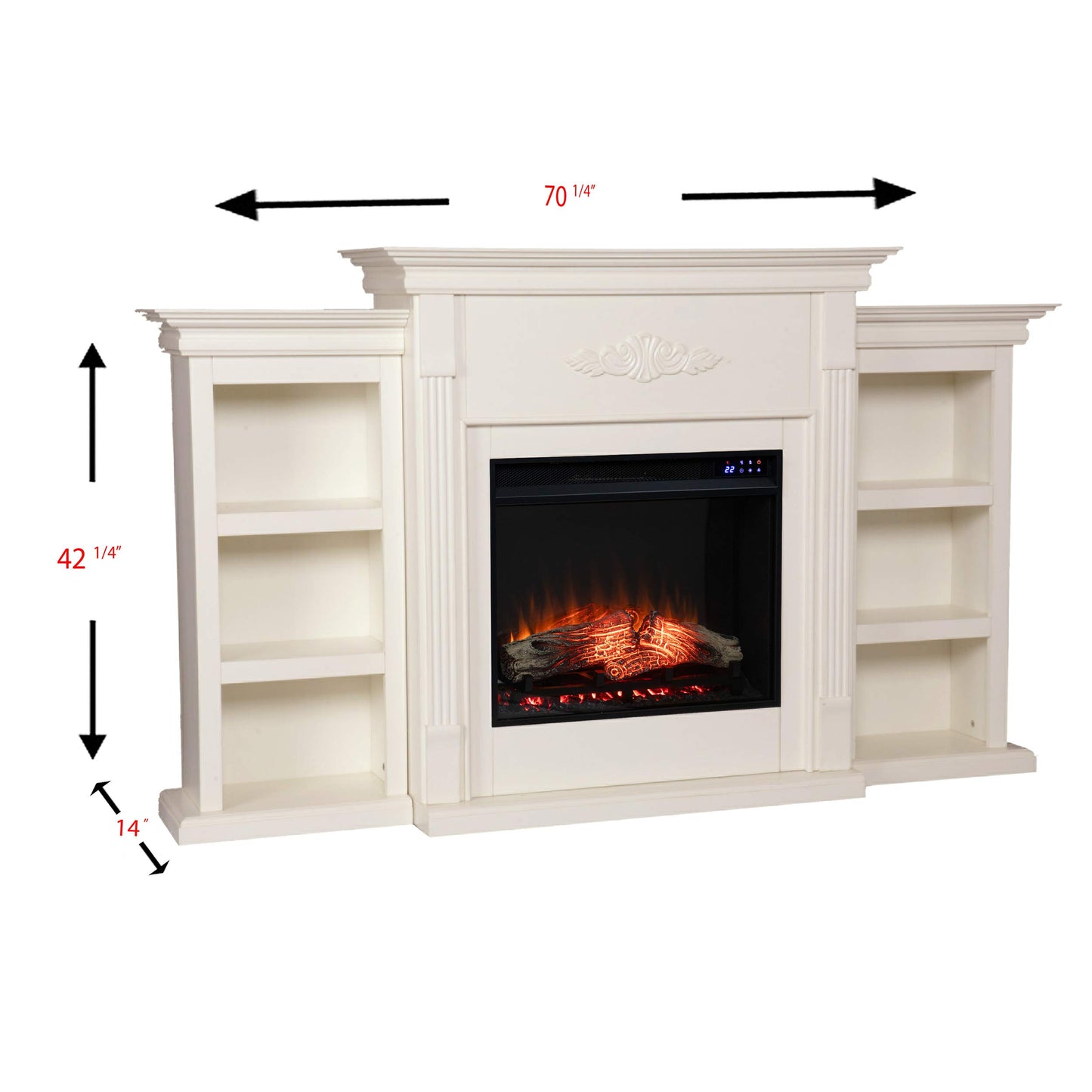 SEI Furniture - Tennyson Touch Screen Electric Fireplace with Book Shelves - Ivory - Transitional Design, Ivory Glass and Wood - Ideal for Living Room, Bedroom (FR8544)