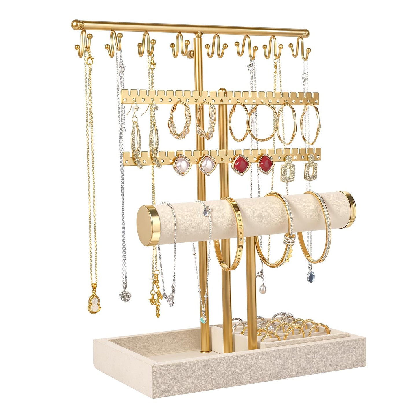 Sorcozn 3 Tier Jewelry Organizer Stand with Ring Tray - Adjustable Tall 17.7" (Max), Jewelry Holder for Necklace, Bracelet, Earring, Ring Storage, Jewelry Display Storage Stand for Women