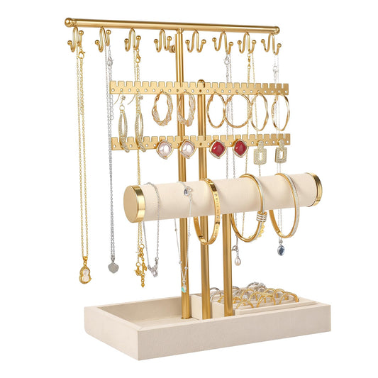 Sorcozn 3 Tier Jewelry Organizer Stand with Ring Tray - Adjustable Tall 17.7" (Max), Jewelry Holder for Necklace, Bracelet, Earring, Ring Storage, Jewelry Display Storage Stand for Women