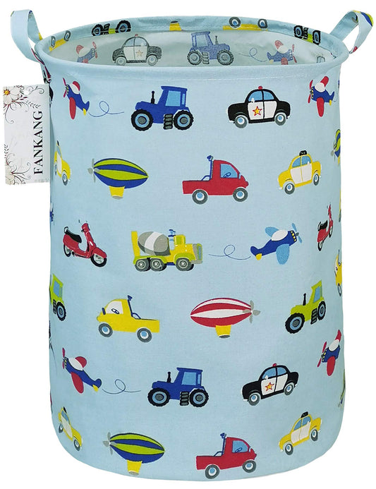 FANKANG Storage Basket, Nursery Hamper Canvas Laundry Basket Foldable with Waterproof PE Coating Large Storage Baskets for Kids Boys and Girls, Office, Bedroom, Clothes,Toys（Car）