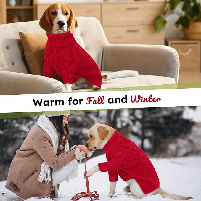 Queenmore Turtleneck Large Dog Sweater, Plaid Dog Sweater with Check Pattern, Long Sleeve Holiday Doggie Sweaters, Solid Pet Sweaters for Large Breeds, Red L