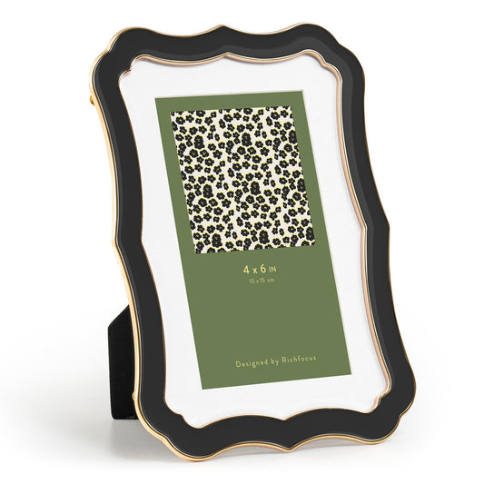 4x6 Enamel Picture Frame with HD-Tempered Glass, Display 3x5 Photo with Mat, Ornate Photo Frame with Gold Metal Edge & Velvet Back for Tabletop & Wall Mount Vertically or Horizontally Display, Black