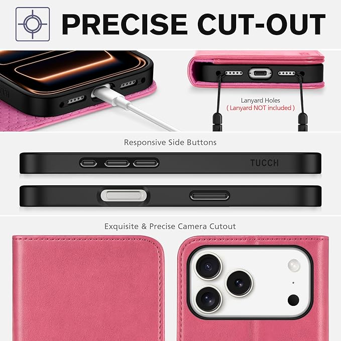 TUCCH Case Wallet for iPhone 17 Pro Max (6.9-Inch) 2025, [3 Card Slots] Kickstand [RFID Blocking] PU Leather Case, Flip Folio Cover with [TPU Shockproof Interior Shell], Hot Pink