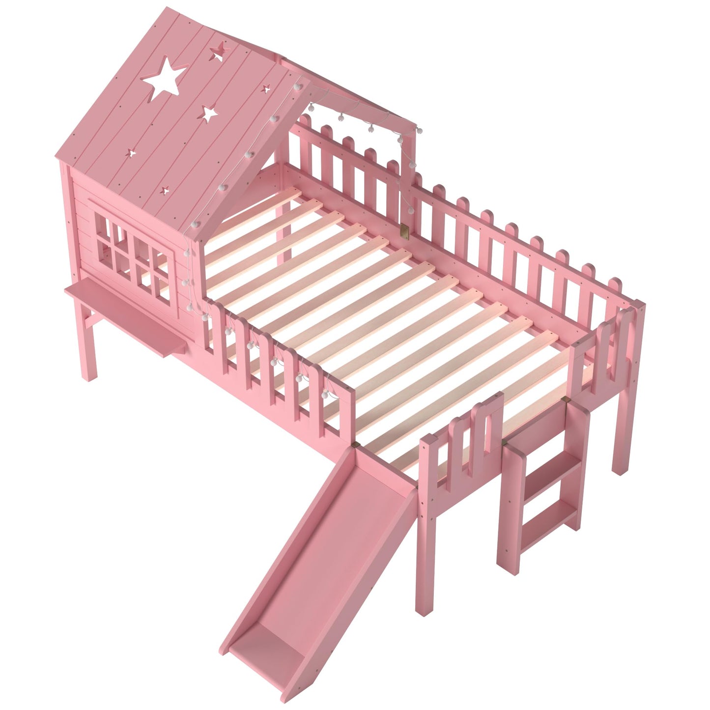Bellemave Twin Loft Bed with Slide and Ladders, Solid Wood Low Loft Bed with Tray, Lights, Playhouse Roof, House Loftbed Frame for Kids, Boys, Girls, Childlike and No Box Spring Needed Design, Pink