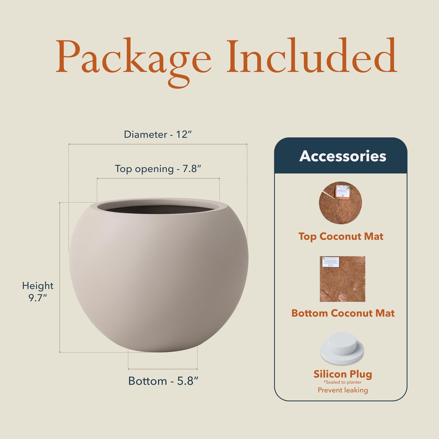 KUTE NEST 9.7" H x 12" D Premium Globo Fiberstone Round Planter for Outdoor & Indoor Plants, Ideal for Snake Plants, Monstera & House Plants, Included 2 Extra Coco Mats (Taupe, 7.8" Pot Opening)