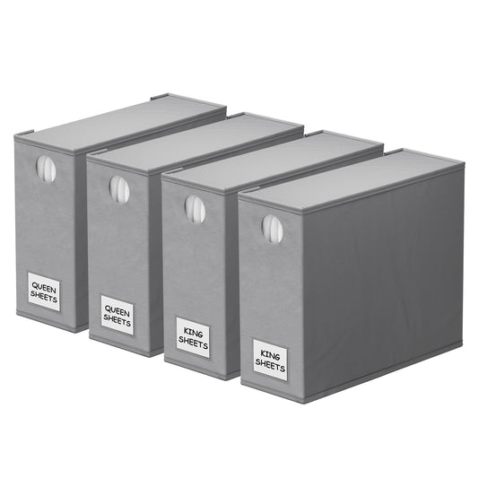 SpaceAid 4 Pack Bed Sheet Organizers and Storage, Foldable Organizer for Linen Closet, Sheets Set Folder Keeper with Window XL (Queen & King Size) Organizing Bedding Container, Gray 91ZDSN-SL01-G4