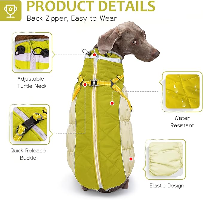 Abuandi Dog Winter Coat with Harness, Dog Jacket, Pet Clothes with Zipper on Back, Waterproof Windproof Warm Vest, Reflective Cold Weather Coats, for Small Medium Large Dogs, Thick, Green, 2XL