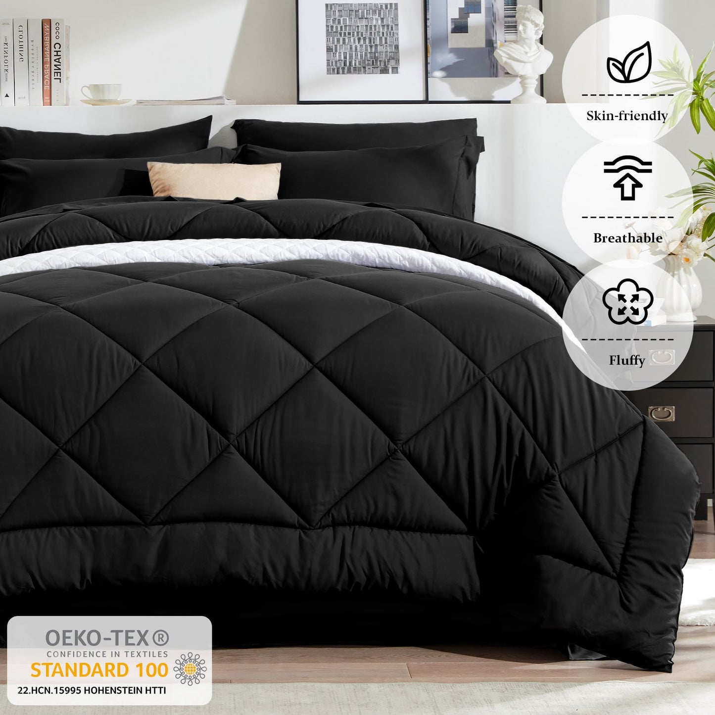 Newspin Full Comforter Set Black - Bed in a Bag Full Size 8 Pieces, All Season Bed Set, Fluffy Comforter Set with Sheets, Sheet Set Quilt Blanket, Pillowcases & Shams & Bed Skirt
