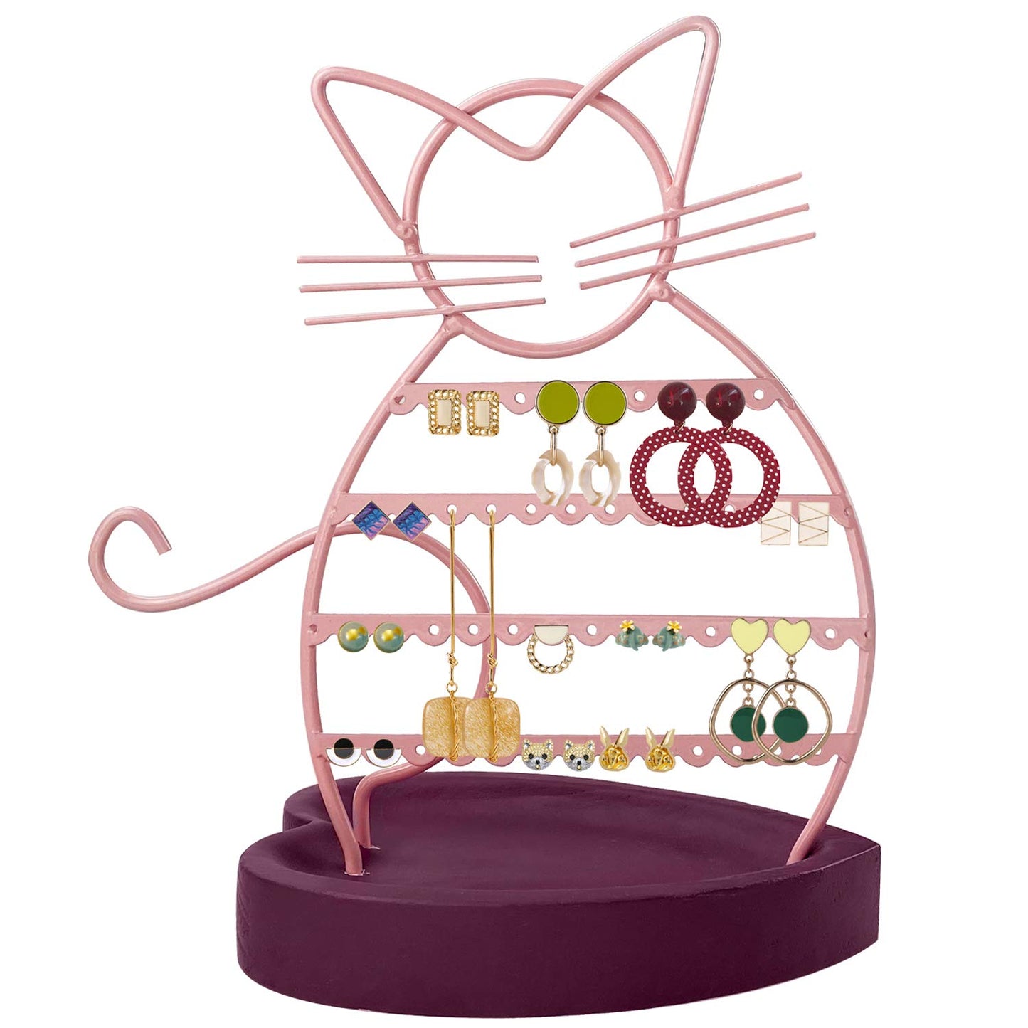 ERYTLLY Earring Holder Organizer, Cat Shaped Earring Organizer Stand With Wood Base Necklace Holder Organizer-47 Stud Earrings Holes Bracelet Holder (Pastel Pink)
