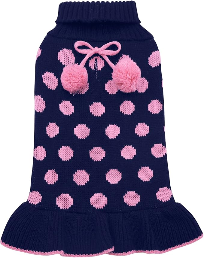 KYEESE Dog Sweaters with Leash Hole Small for Girl Dog Sweater Dress Polka Dot Knit Warm Dogs Clothes with Pom Pom Ball, XS