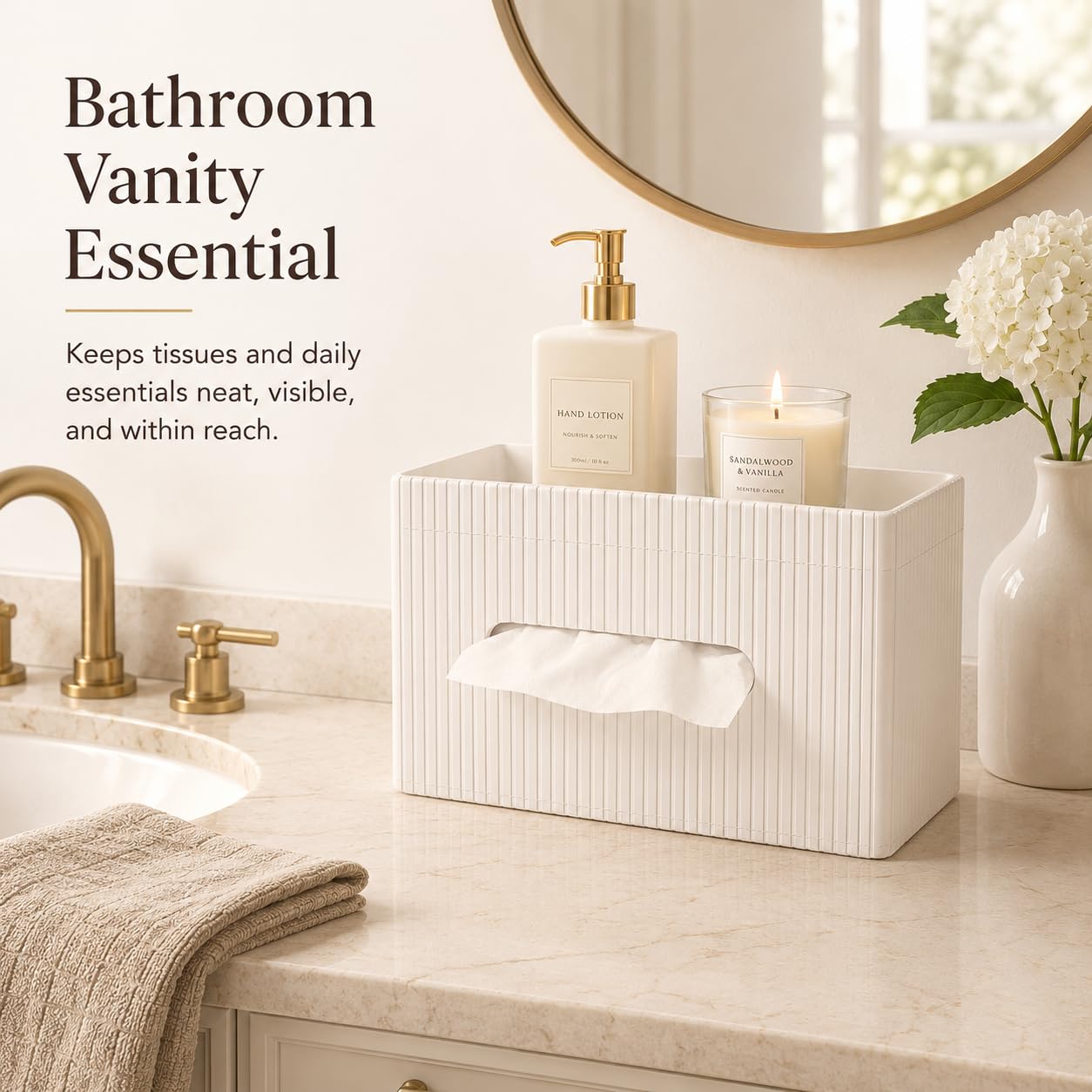 KINGFOM Ribbed PU Leather Tissue Box Cover with Storage Tray, Rectangular Facial Tissue Holder for Bathroom Vanity, Nightstand & Office Desk, Modern Decorative Tissue Dispenser (Ivory White)